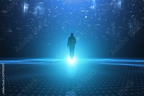 Man walks in artificial intelligence computer network cyberspace.	
