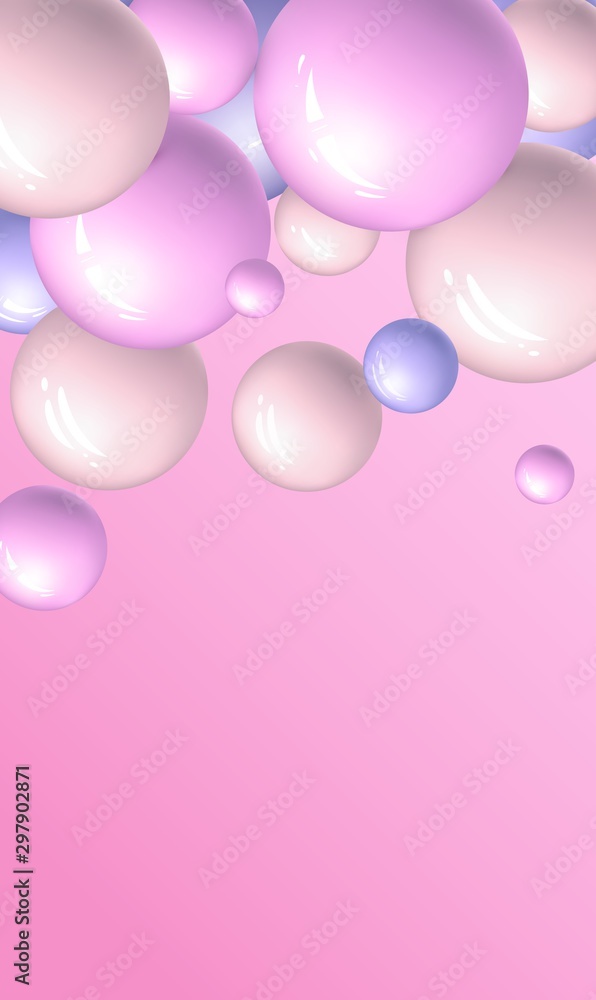 Vector vertical dynamic background with colorful realistic 3d balls. Round glossy sphere in pastel colors or pearls on pink gradient backdrop. Abstract template for social media stories, banner, cover