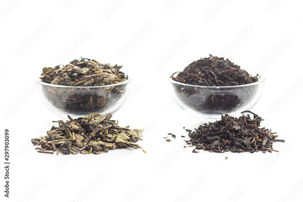Dried black and green tea leaves. Dried black and green tea leaves.
