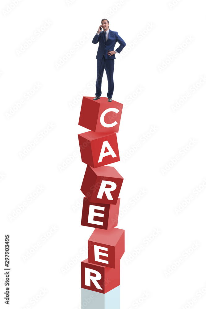 Career concept with businessman on top of blocks Career concept with businessman on top of blocks