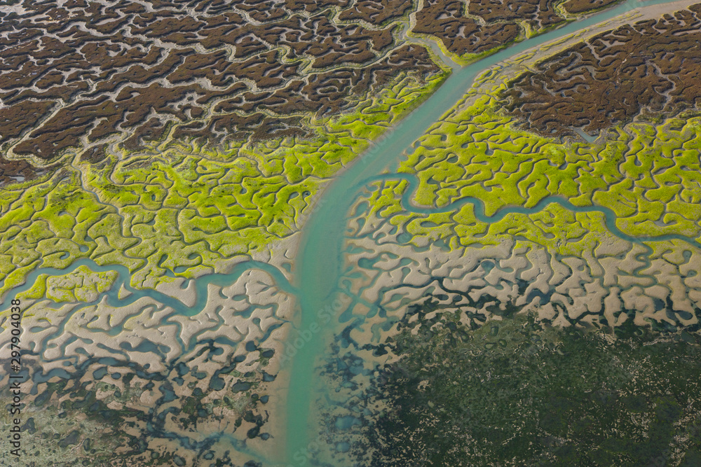 Aerial view on marshlands, Bahia de Cadiz Natural Park. Costa de la Luz, Cadiz province, Andalucia, Spain Aerial view on marshlands, Bahia de Cadiz Natural Park. Costa de la Luz, Cadiz province, Andalucia, Spain