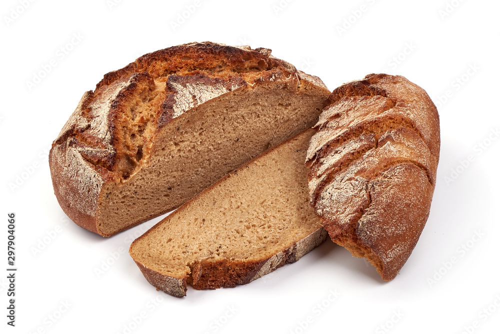 Round freshly baked rustic rye bread, isolated on white background Round freshly baked rustic rye bread, isolated on white background