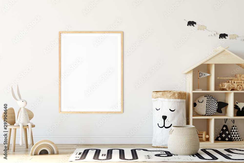 Frame & Poster mock up in living room. Scandinavian interior. 3d rendering, 3d illustration - obrazy, fototapety, plakaty 