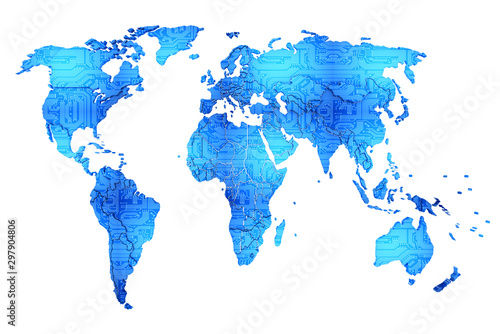 World map with pcb texture in blue tone. 3d illustration