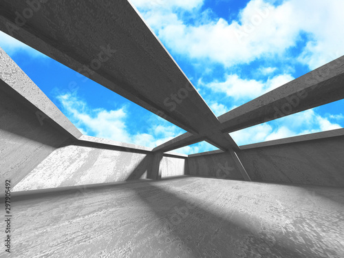 Concrete room wall construction on cloudy sky background