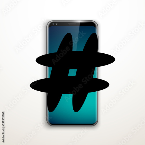illustration web search by hashtag on mobile phone isolated on white background. Banner with smartphone search engine browser by hashtag