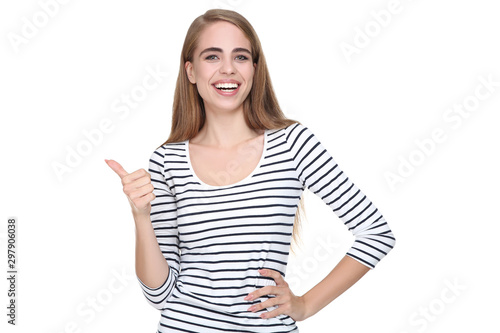 Wallpaper Mural Young beautiful girl showing thumb up on white background Torontodigital.ca