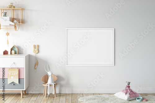 Frame   Poster mock up in living room. Scandinavian interior. 3d rendering  3d illustration