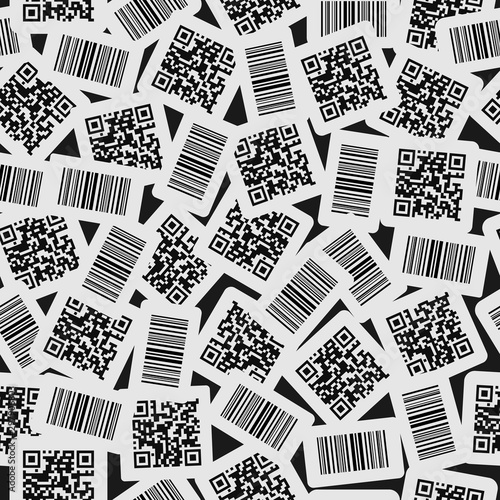 Seamless vector pattern of realistic barcode and qr code black icon. Barcode label set sticker on black background. Design for web page backgrounds, fabric, wallpaper, textile and decor