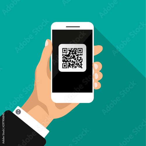 Hand holds phone with qr code on screen. Scanning code by phone. Qr label sticker. Vector illustration.