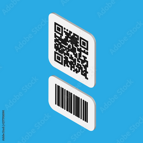 Isometric design barcode and qr code icon. 3D barcode label set sticker. Vector illustration isolated on blue background.