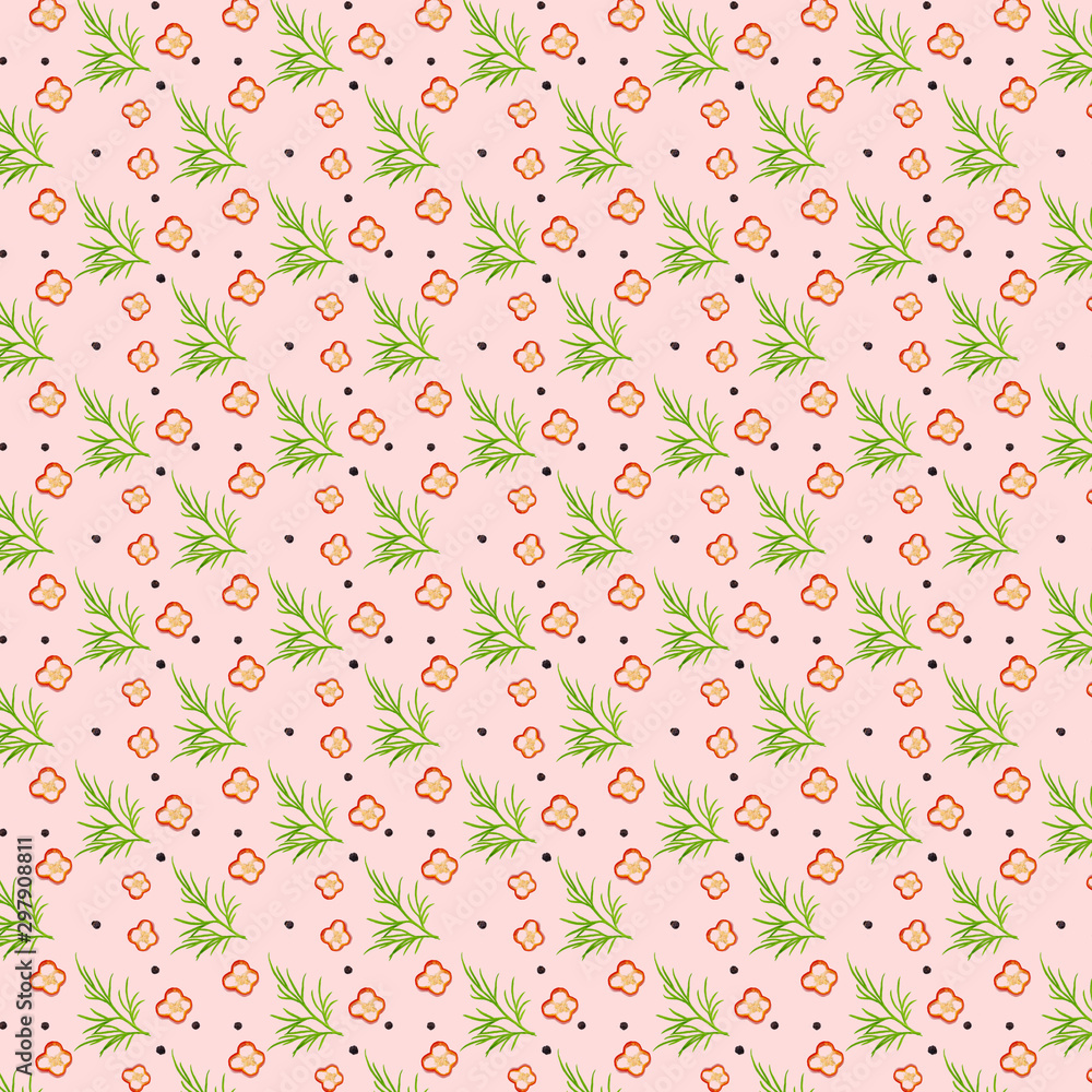 Spices seamless pattern on coral pastel abstract background. Spices seamless pattern on coral pastel abstract background.