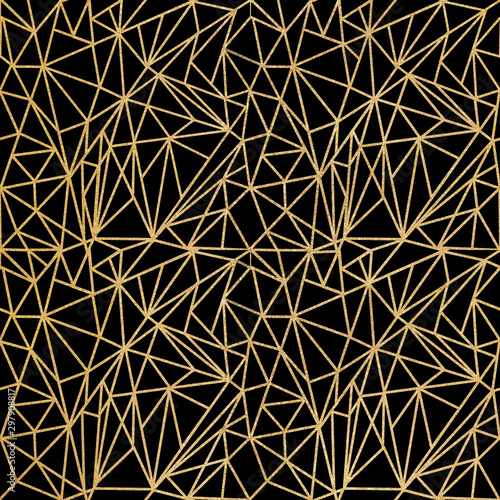 Abstract gold geometric shapes seamless pattern on black background.  Perfect for create invitations  cards  textile and other printing and beauty design.