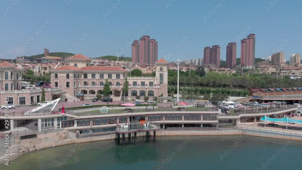 Beautiful Aerial Shot of Dalian city coast during summer, blue sky, clear water, amazing china, Dalian 11-06-19