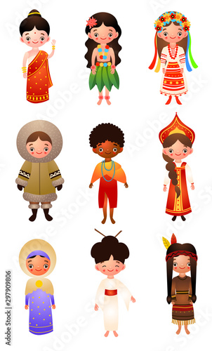A set of different nationality women wearing traditional ethnic clothing. Vector illustration in flat cartoon style.