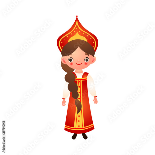 Russian girl in traditional folk red dress with a kokoshnik. Vector illustration in flat cartoon style.