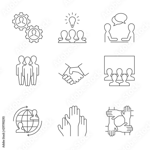 Business cooperation linear icons on white background. Team work and meeting vector illustration. Editable stroke