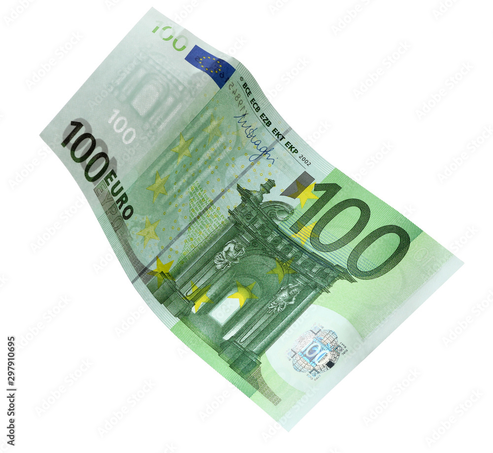 Flying one hundred Euro banknote isolated on white Flying one hundred Euro banknote isolated on white
