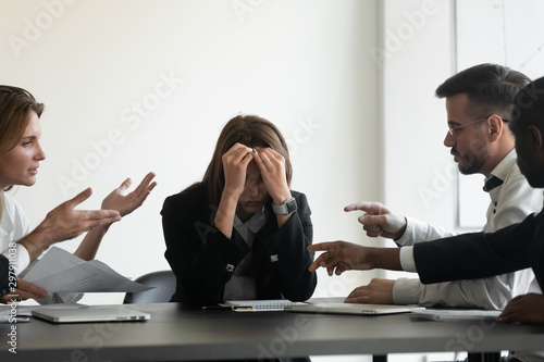 Stressed upset business woman suffer from bullying harassment at workplace