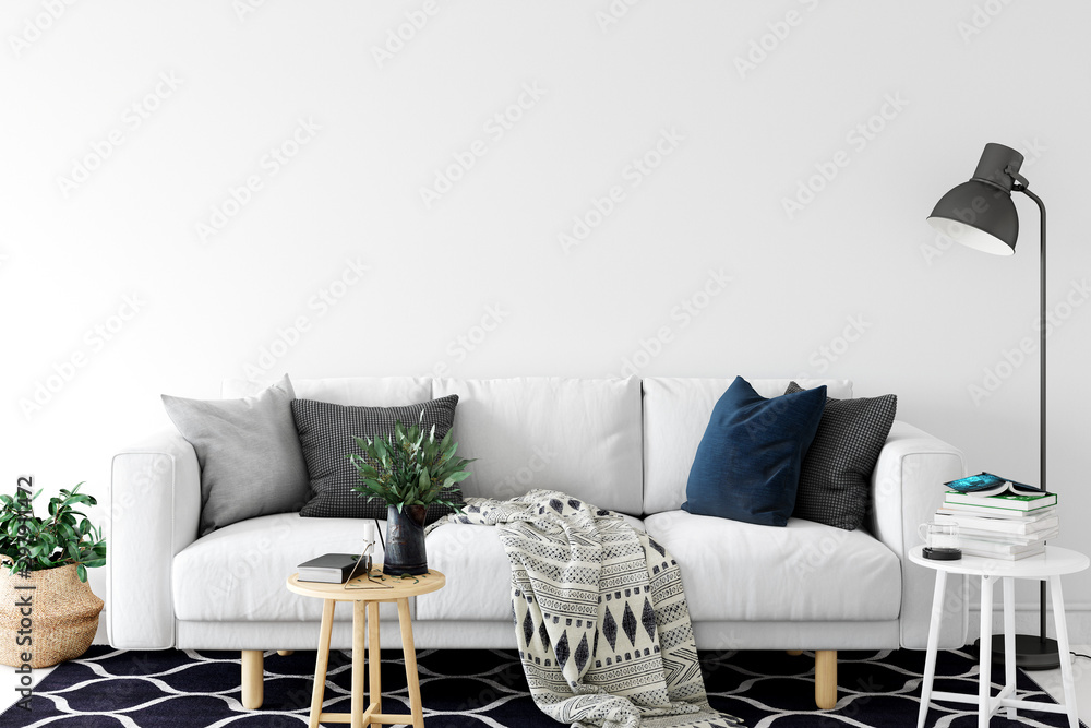 Wall mock up in living room. Scandinavian interior. 3d rendering, 3d illustration - obrazy, fototapety, plakaty 