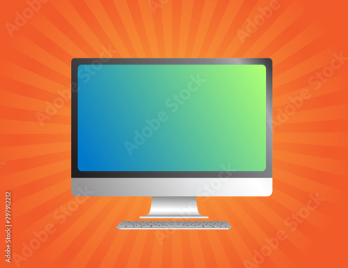 Computer on shining orange background. Isolated monitor. Flat vector