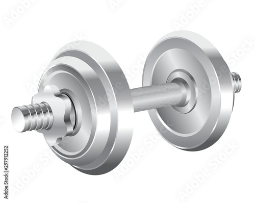 Silver realistic weights vector. Chrome dumbbell set isolated on white background 