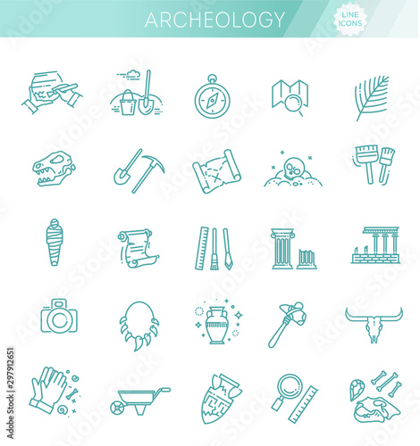 archeology line icons set. Archeology collection photo