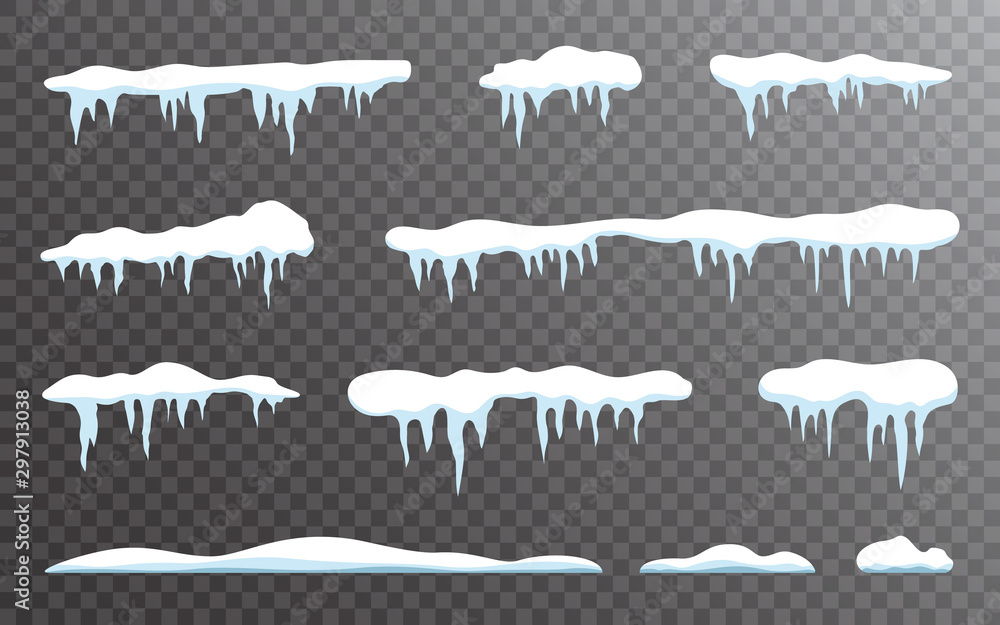 Snow icicles set on transparent backdrop. Snow caps collection. Snowdrift template isolated. Winter elements and snowy objects. White snowcap borders. Vector illustration - obrazy, fototapety, plakaty 