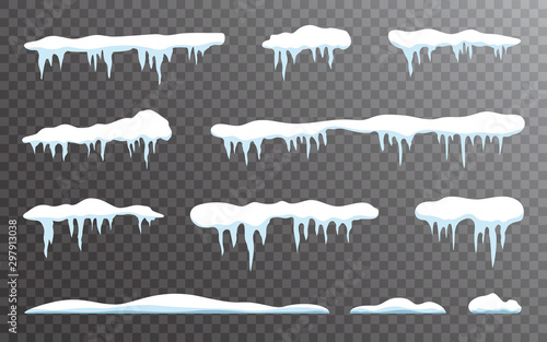 Snow icicles set on transparent backdrop. Snow caps collection. Snowdrift template isolated. Winter elements and snowy objects. White snowcap borders. Vector illustration