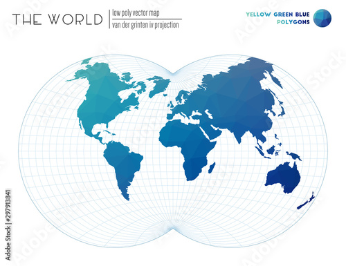 Abstract world map. Van der Grinten IV projection of the world. Yellow Green Blue colored polygons. Trending vector illustration.