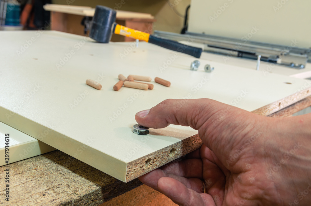 Furniture fittings, wooden dowels, fastener connection on chipboard workpieces, close-up