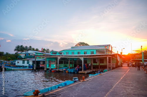 Sunset at the harbor. Unmatched magical fascinating landscape with boats in Bluefields nicaragua, Exotic amazing places. Popular tourist atraction