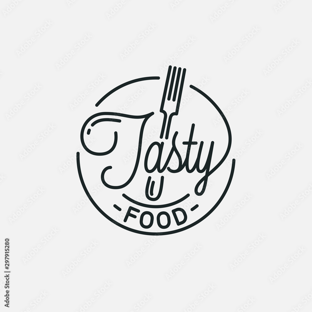 Tasty food logo. Round linear of plate and fork <span>plik: #297915280 | autor: Pushkarevskyy</span>
