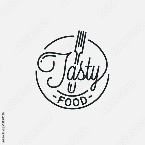 Tasty food logo. Round linear of plate and fork