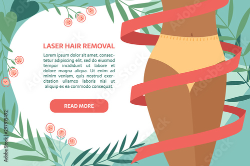 Spa, body care, moistened skin, laser hair removal, beauty procedure. Perfect hips with ribbon around on the abstract background with leaves and flowers.