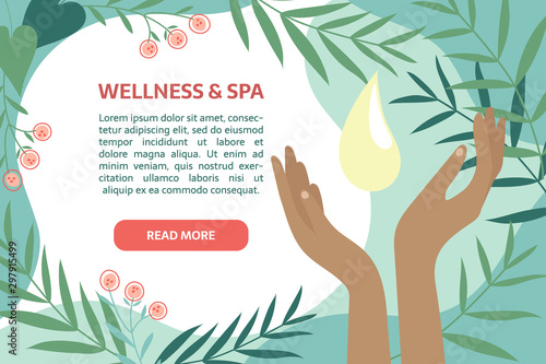 Manicure, spa, body care, moistened hands, laser hair removal, beauty procedure. Perfect hands with ribbon around and oil or cream drop on the abstract background with leaves and flowers.