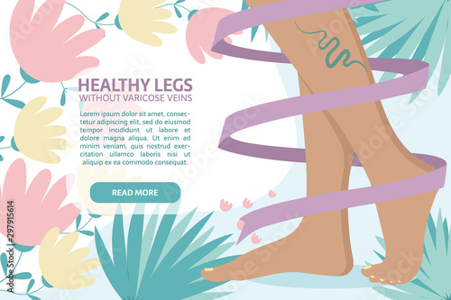 Spa, body care, epilation procedure, laser hair removal, beauty procedure. Legs with tired varicose veins with ribbon around on the abstract background with leaves and flowers.