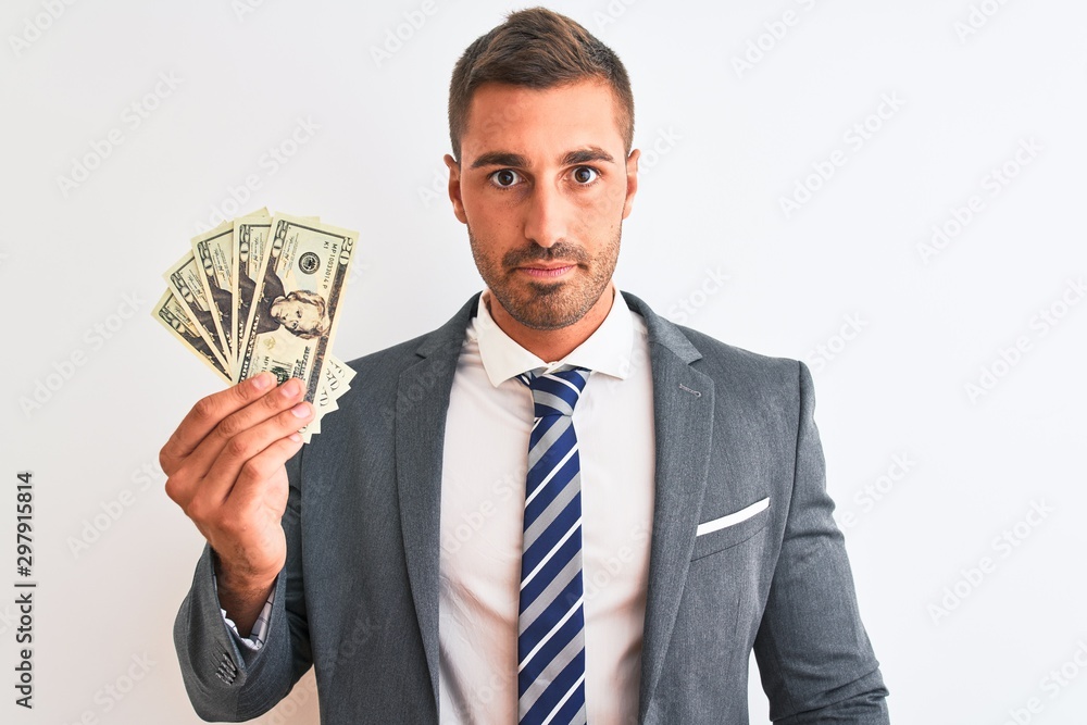 Young handsome business man holding bunch of dollars banknotes over isolated background with a confident expression on smart face thinking serious Young handsome business man holding bunch of dollars banknotes over isolated background with a confident expression on smart face thinking serious