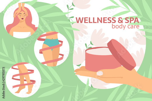 Spa, body care, massage, wellness and health, natural beauty, moistened skin, laser hair removal, beauty procedure, face care, epilation. Hand with cream for body and face.