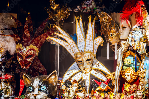 Colorful carnival masks at a souvenir stall in the old city of Kotor Balkan countries, South-East Europe.