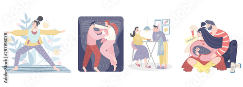Isolated family life scenes: fater, mother, child, pregnant woman. Family planning, maternity, breastfeeding vector concept. Health care, postpartum depression, mental health and parenthood.