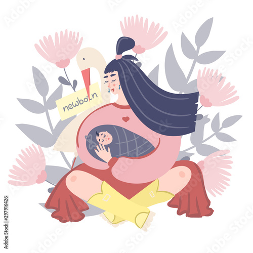 Family planning, materinity, breastfeeding vector concept. Woman holding child with place for your text. Health care, postpartum depression, mental health, happy materinity and parenthood.