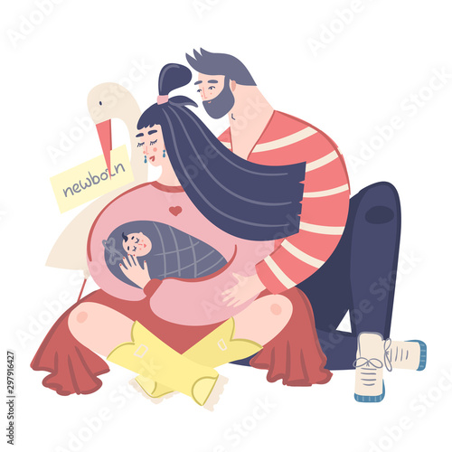 Family planning, materinity, breastfeeding vector concept. Man and woman hugging child isolated illustration. Health care, postpartum depression, mental health, happy materinity and parenthood.