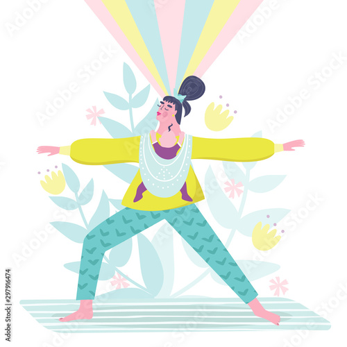 Family planning, maternity, breastfeeding vector concept. Woman do her morning yoga with child in sling. Health care, postpartum depression, mental health and parenthood.
