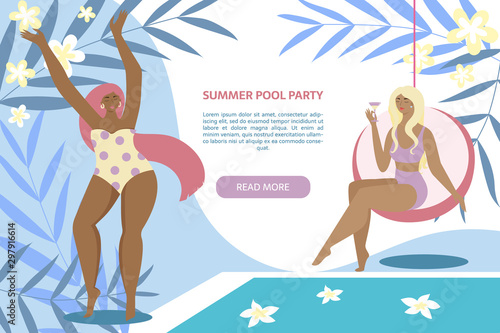 Spa, body care, wellness and health, natural beauty, summer resort banner concept. Women near swimming pool with leaves on the abstract background with text area.
