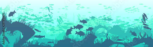 Silhouette of fish and algae on the background of reefs. Underwater ocean scene. Deep blue water, coral reef and underwater plants. a beautiful underwater scene; a vector seascape with reef.