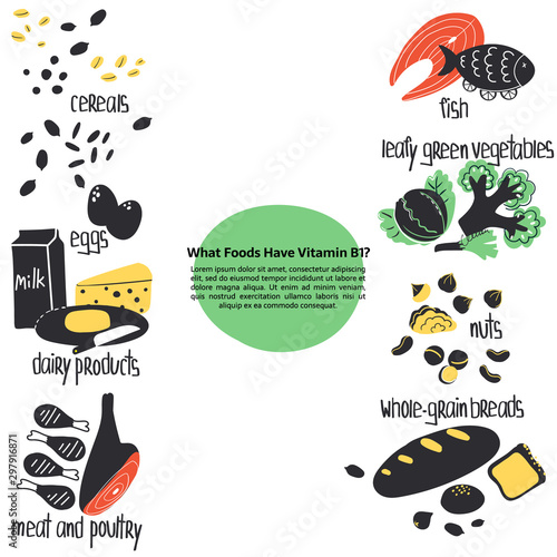 Hand drawn vitamin B2 riboflavin main food sources: fish, cereals, meat and poultry, eggs, dairy products. Vector illustration is for pharmalogical or medical poster, flyer, dietary supplement.