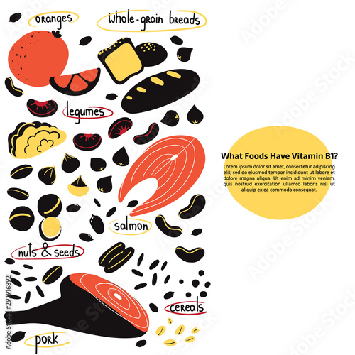 Hand drawn vitamin B1 main food sources: pork, seeds, nuts, oranges, whole-grain breads, legumes. Vector illustration is for pharmalogical or medical poster, flyer, dietary supplement.