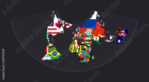 World map with all countries and their flags. Albers conic equal-area projection. Map of the world with meridians on dark background. Vector illustration.