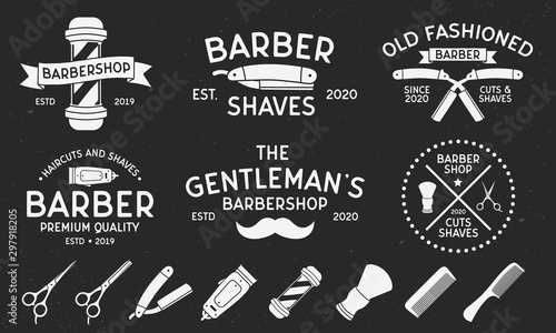 Vintage hipster barbershop badges, labels, emblems. Set of barbershop haircut icons. Vector illustration